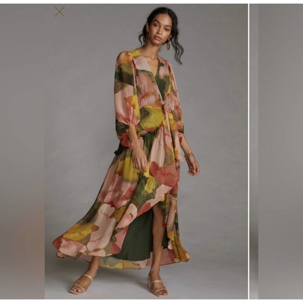 Hutch Nina Geo Abstract Wrap Watercolor Maxi Puff Sleeve Dress size large